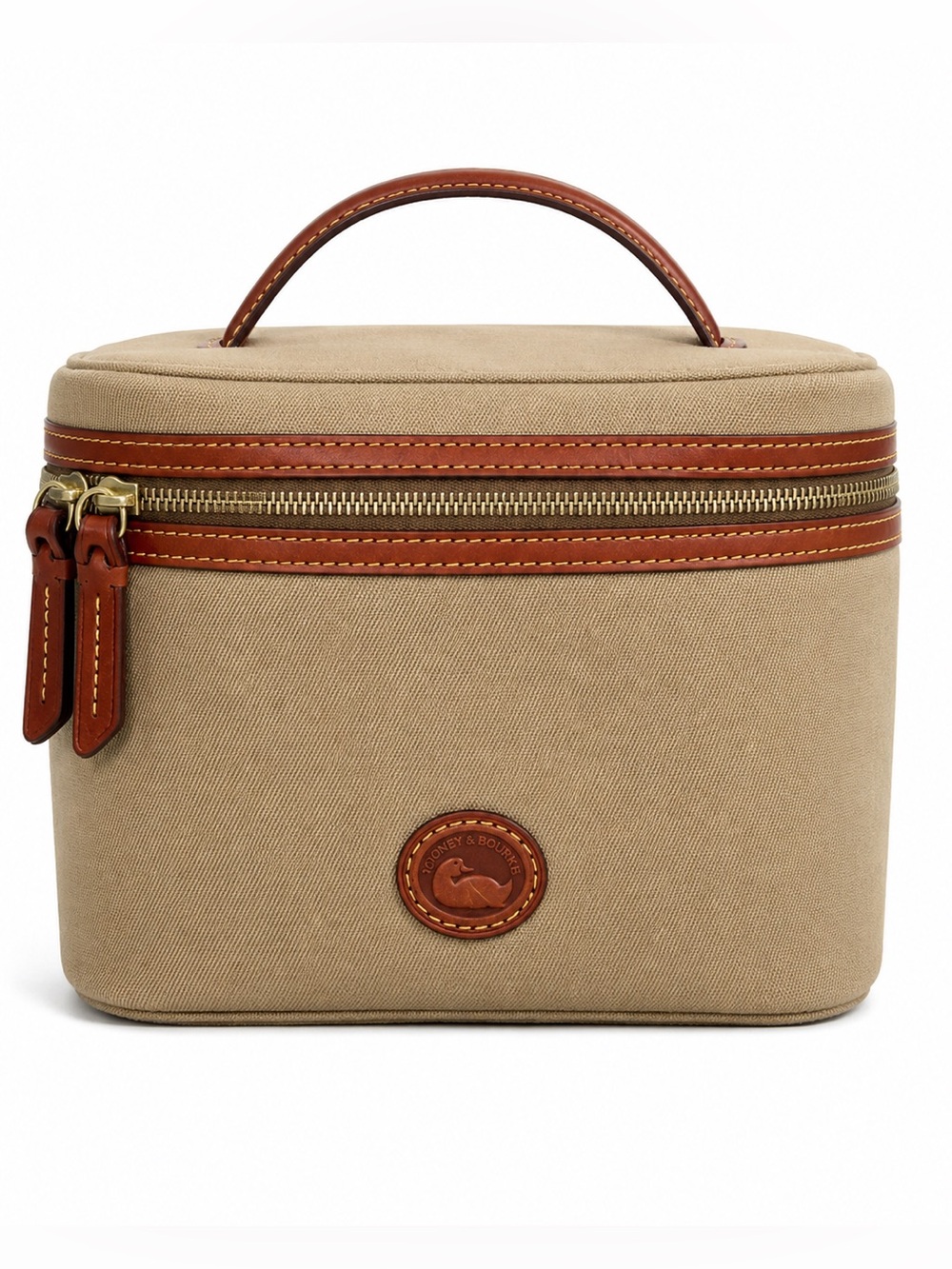 Dooney & Bourke Canvas Train Case Cosmetic Bag Beige Brown Leather Trim